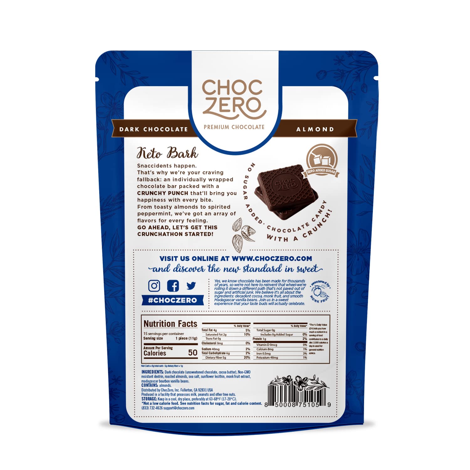 ChocZero bark bar slice close-up showing almonds and sea salt