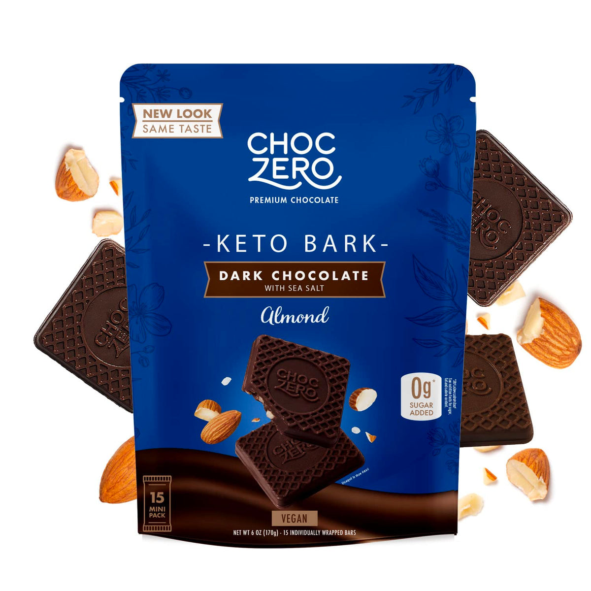 ChocZero packaging for dark chocolate almond bark with sea salt highlighting keto-friendly snack