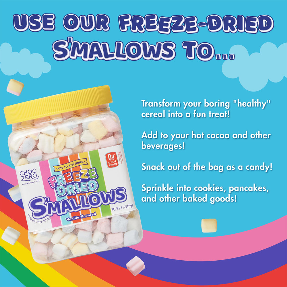 Pouring ChocZero marshmallow bits over cereal to reveal low-sugar, high-fiber option.