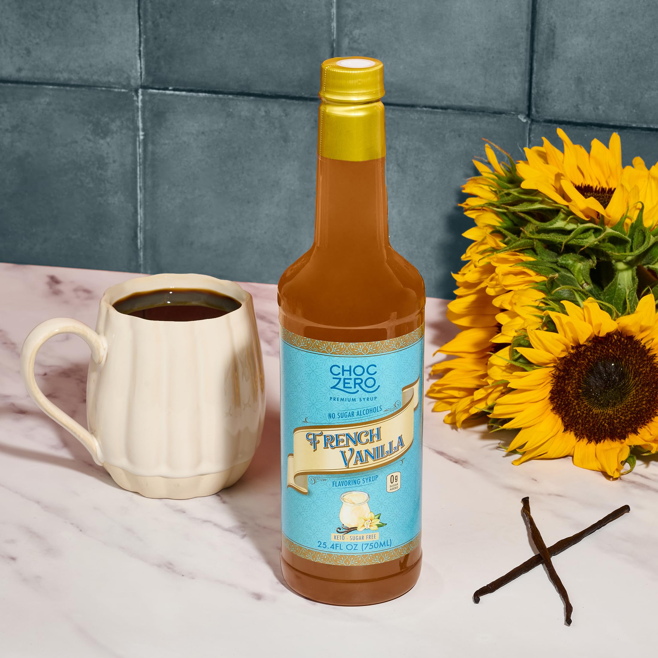 ChocZero French Vanilla syrup label highlighting vegan, gluten-free, non-GMO features.