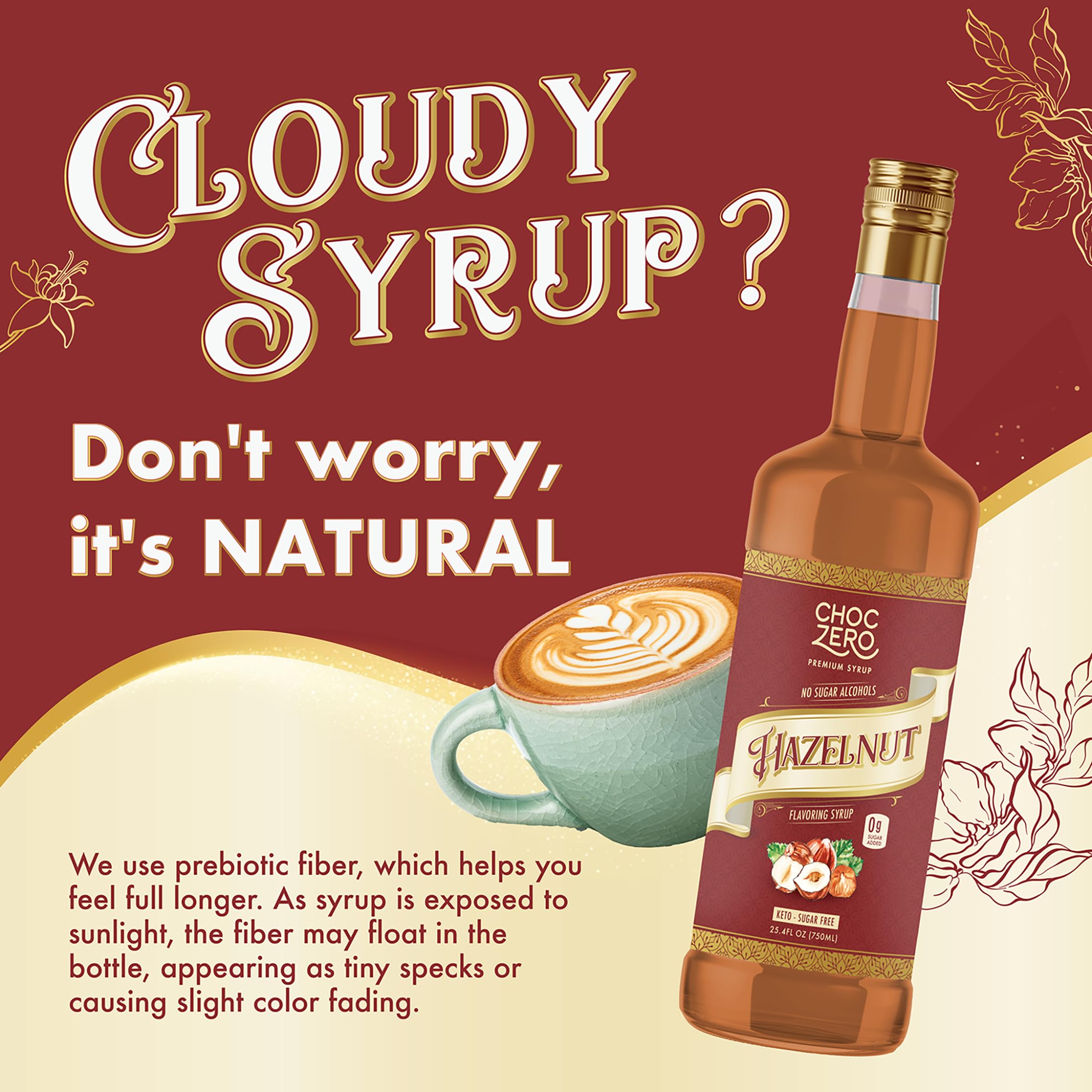 ChocZero hazelnut syrup being poured into a glass.