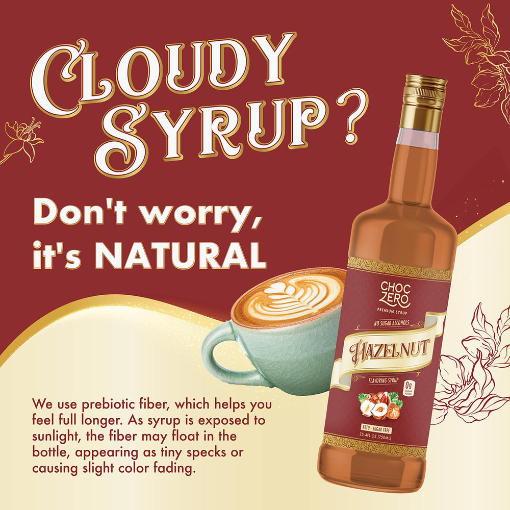 ChocZero hazelnut syrup being poured into a glass.