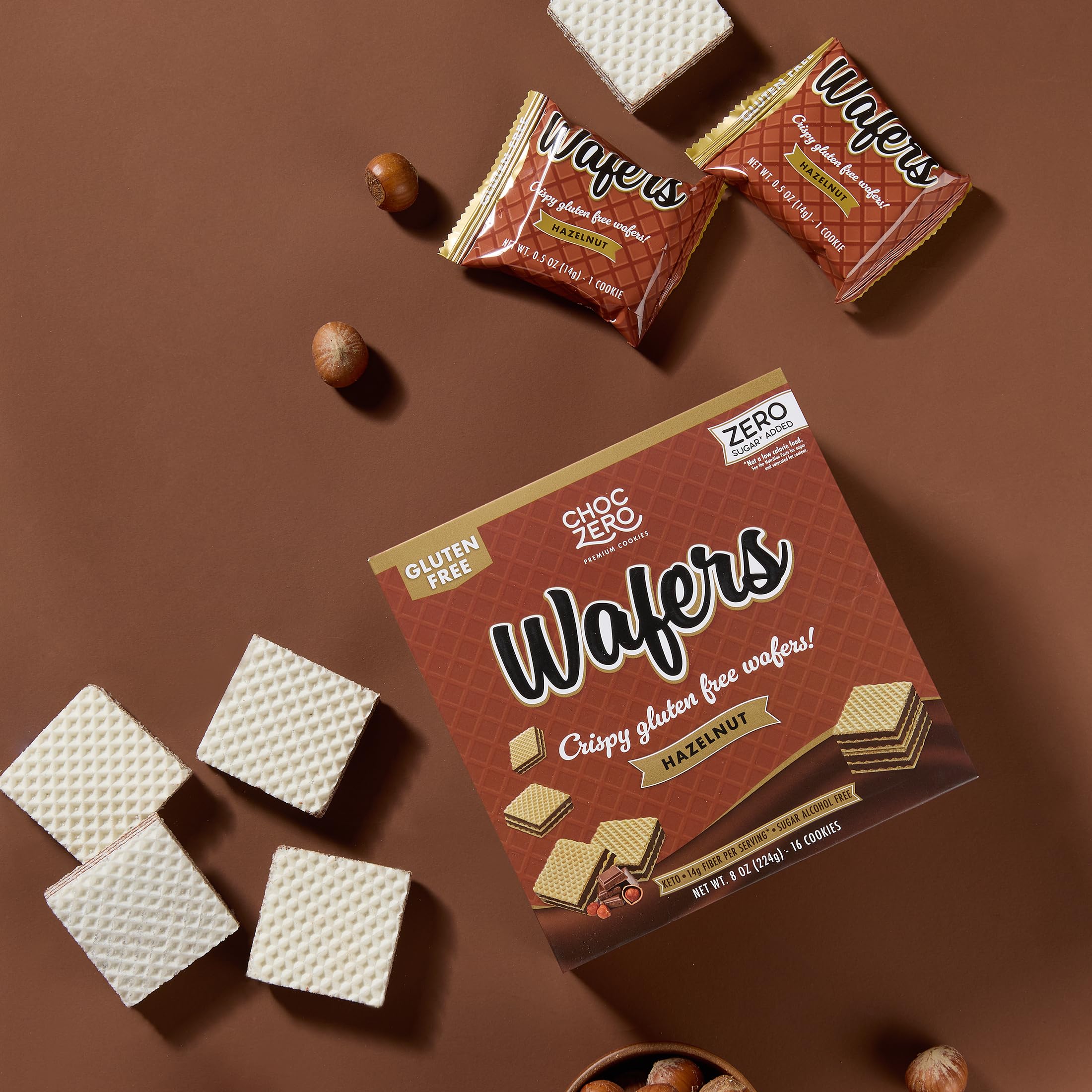 8 oz box of ChocZero Hazelnut Wafers designed for portion-controlled snacking.
