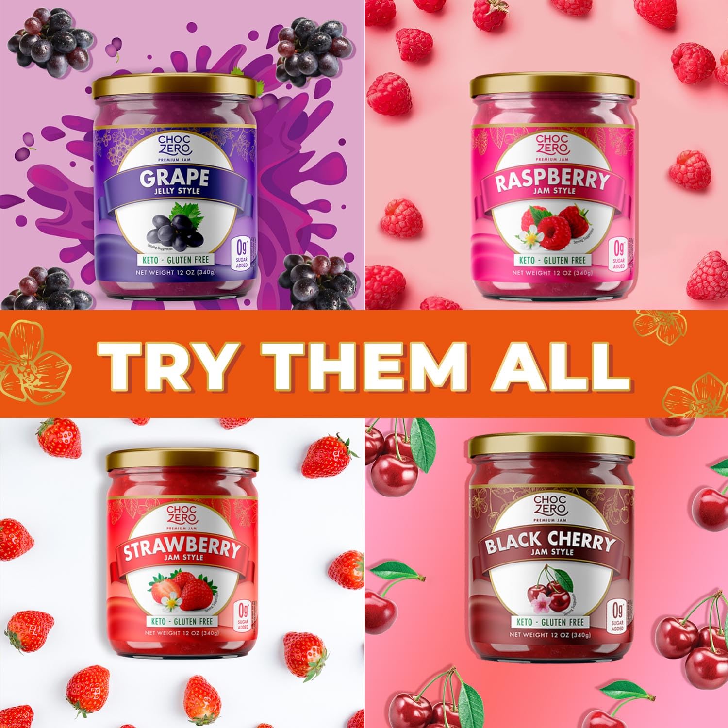 ChocZero Keto Blueberry Fruit Spread serving size shows 15 calories per portion