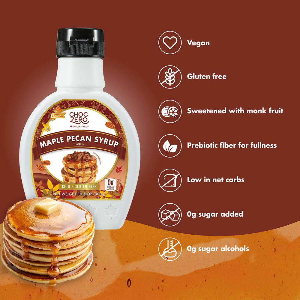 ChocZero Maple Pecan Syrup bottle beside a glass with syrup finish