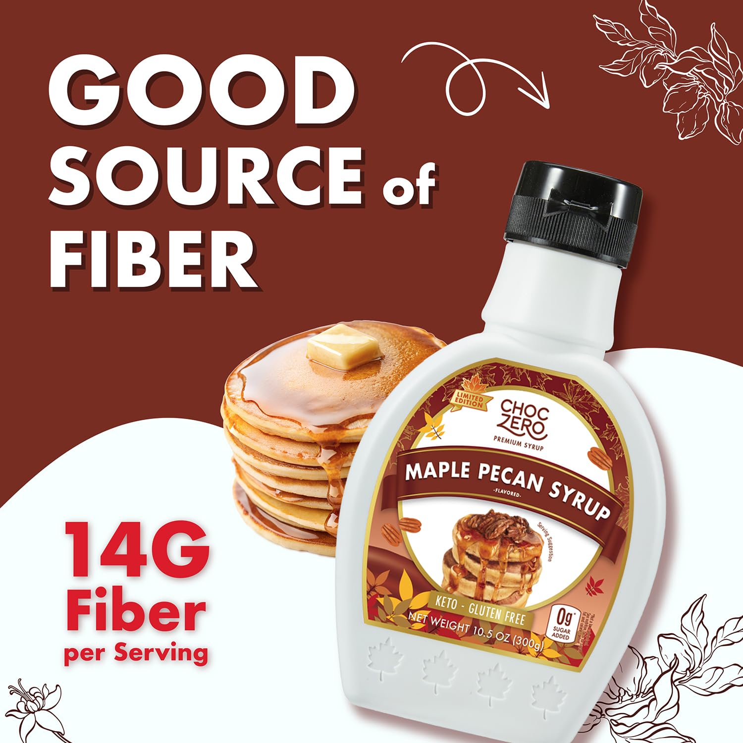 ChocZero Maple Pecan Syrup glaze over a savory plate for an elegant finish