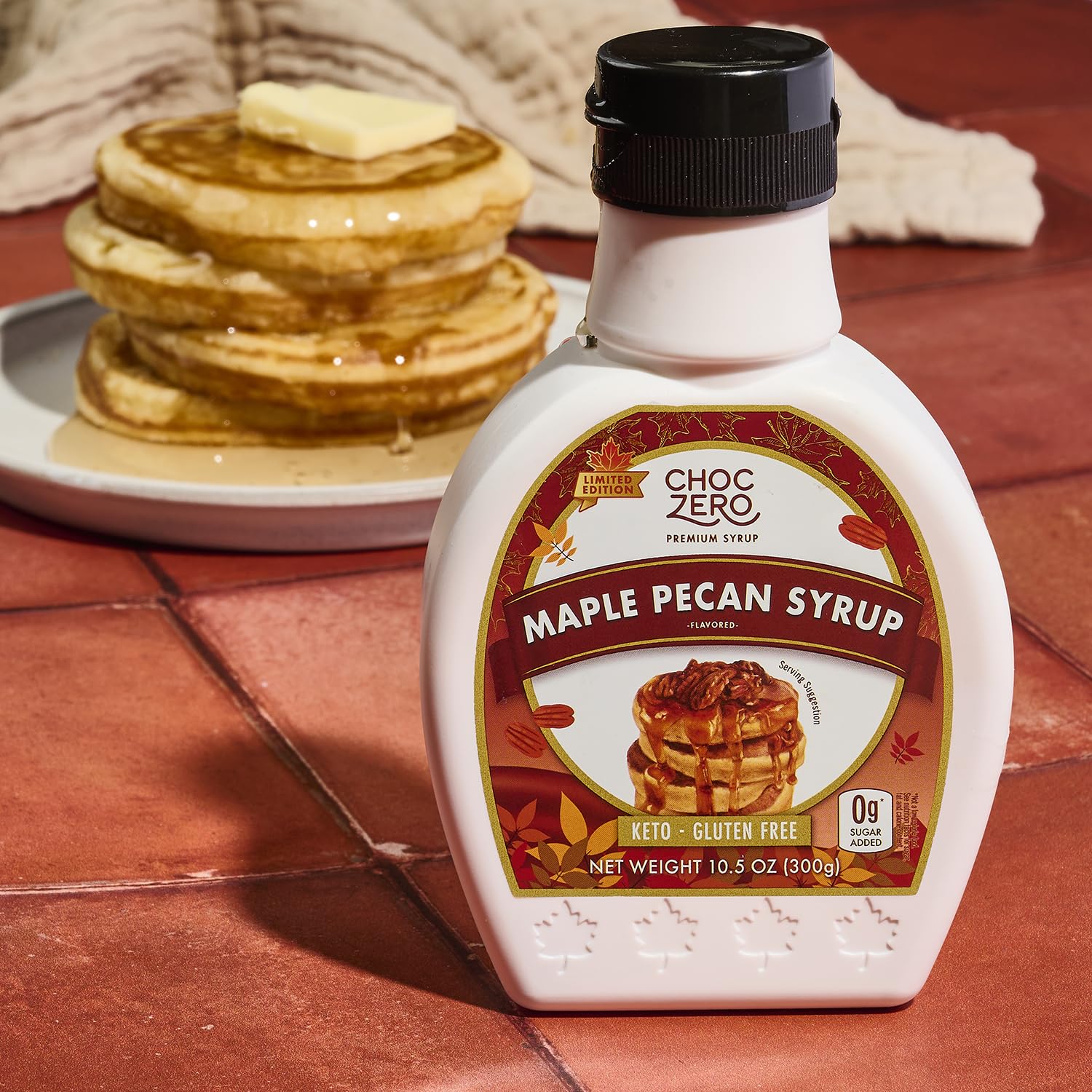 ChocZero Maple Pecan Syrup label closeup showing clean ingredients