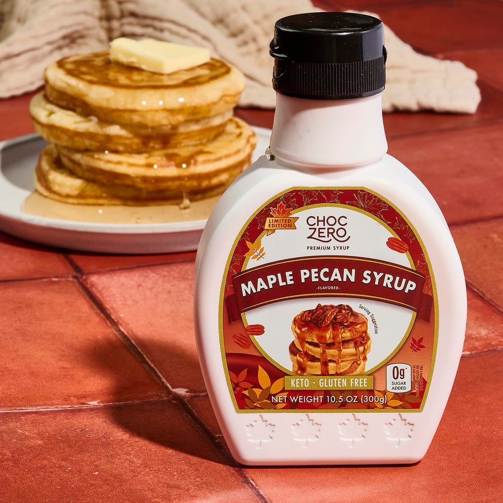 ChocZero Maple Pecan Syrup label closeup showing clean ingredients