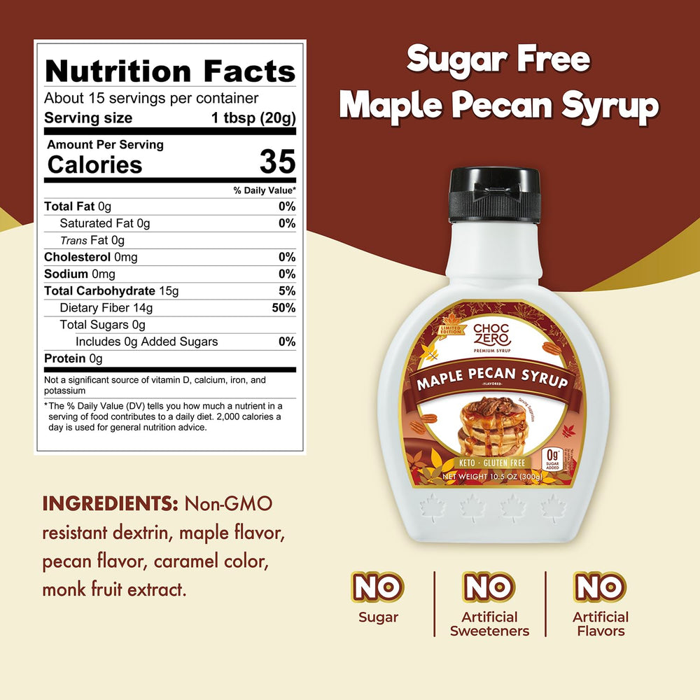 ChocZero Maple Pecan Syrup drizzled over pancakes for a morning treat