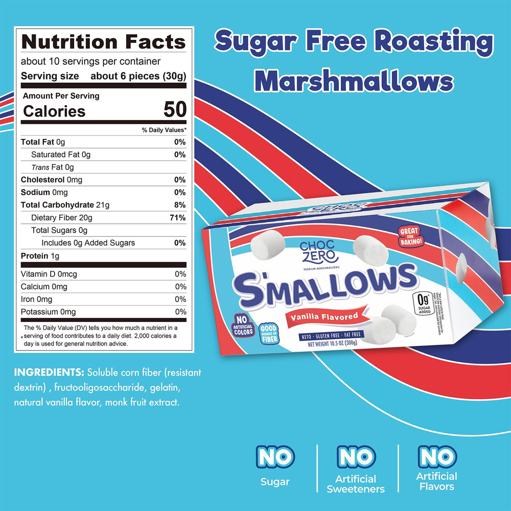 ChocZero marshmallows ingredients label close-up, showing monk fruit sweetness.