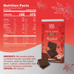 ChocZero milk chocolate hazelnut bark closeup of roasted hazelnuts for texture