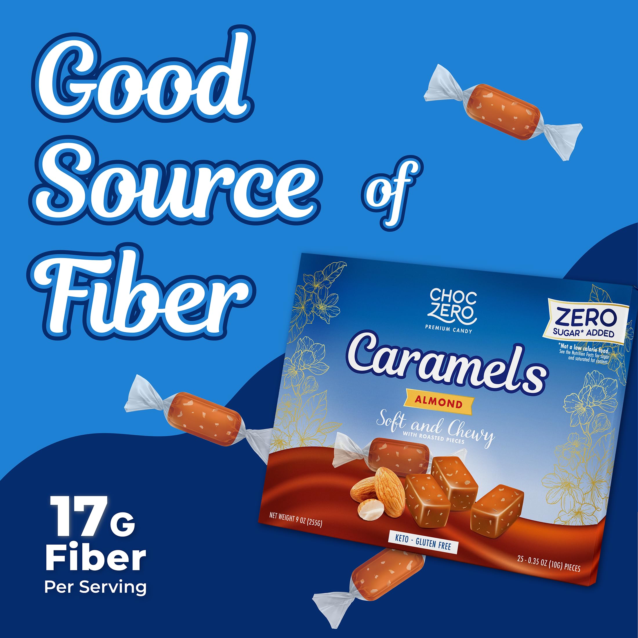 ChocZero prebiotic fiber per serving label visible on packaging.