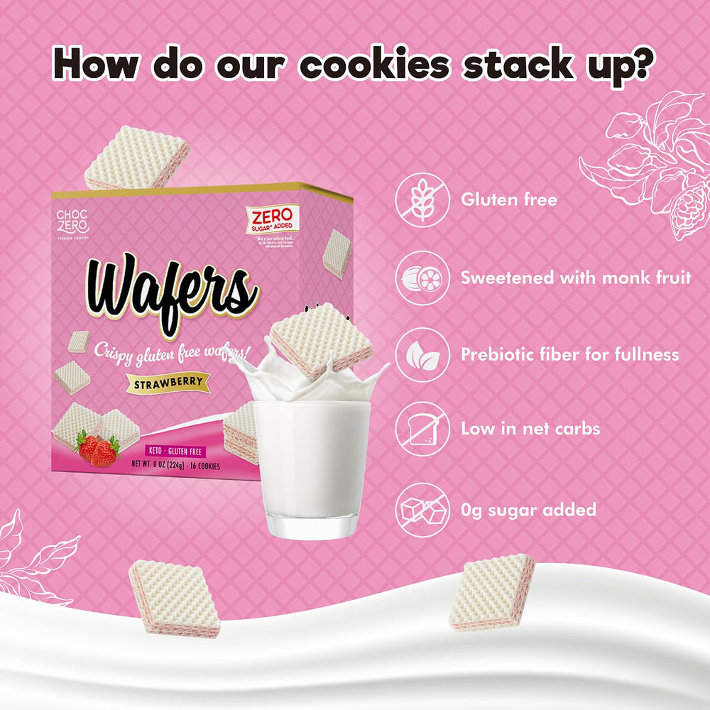 ChocZero strawberry wafer cookies bite—smooth creme and strawberry flavors.