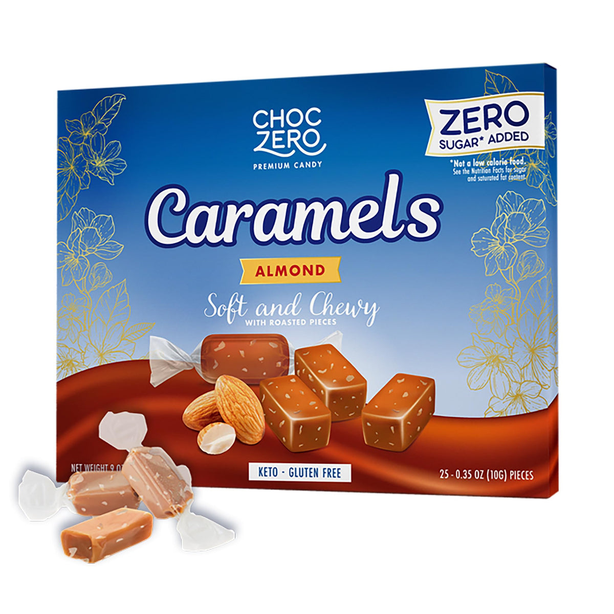 ChocZero sugar-free almond caramels in a box, a keto-friendly treat.