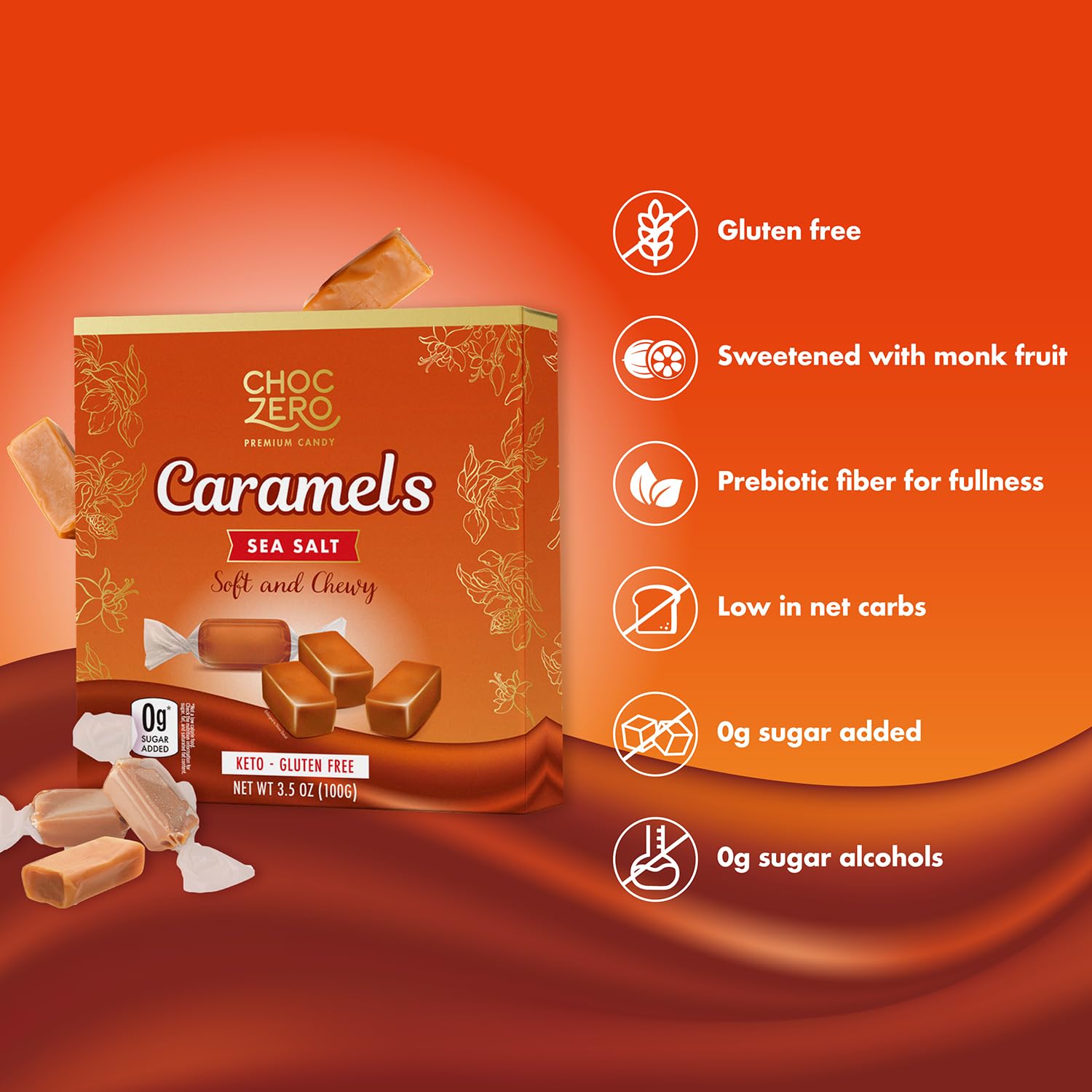 ChocZero sea salt detail highlights premium balance in a no-sugar caramel.