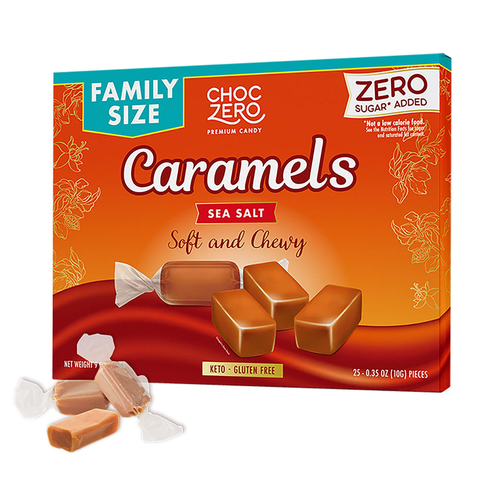 ChocZero sugar-free caramels with sea salt packaging for on-the-go snacking.