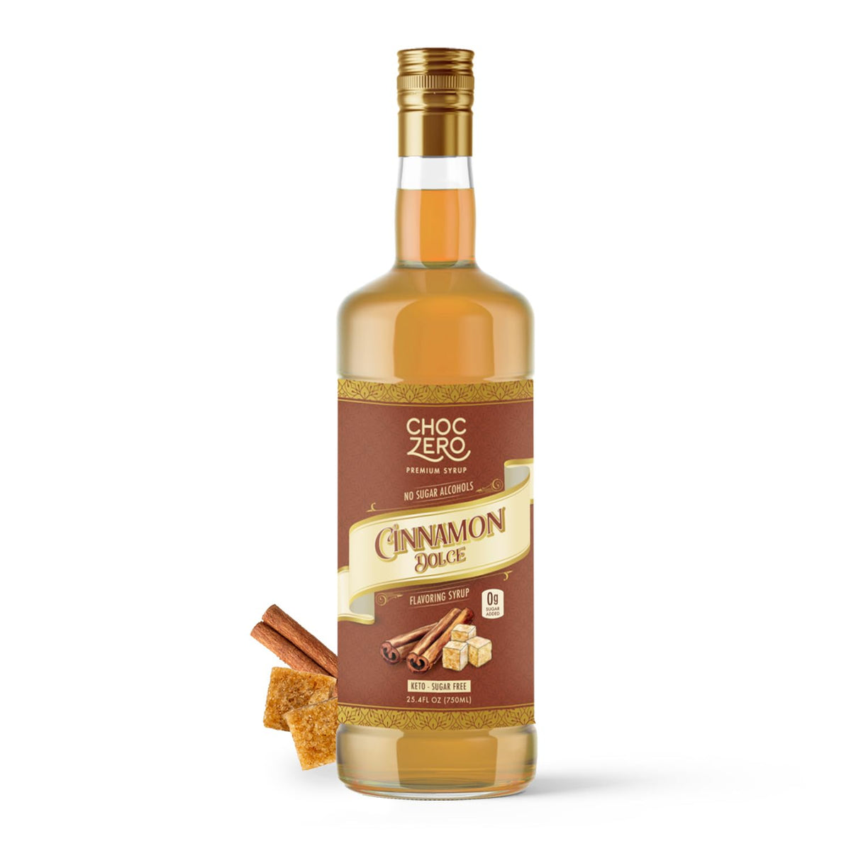 ChocZero Cinnamon Dolce sugar-free syrup bottle for cafe-style coffee without sugar