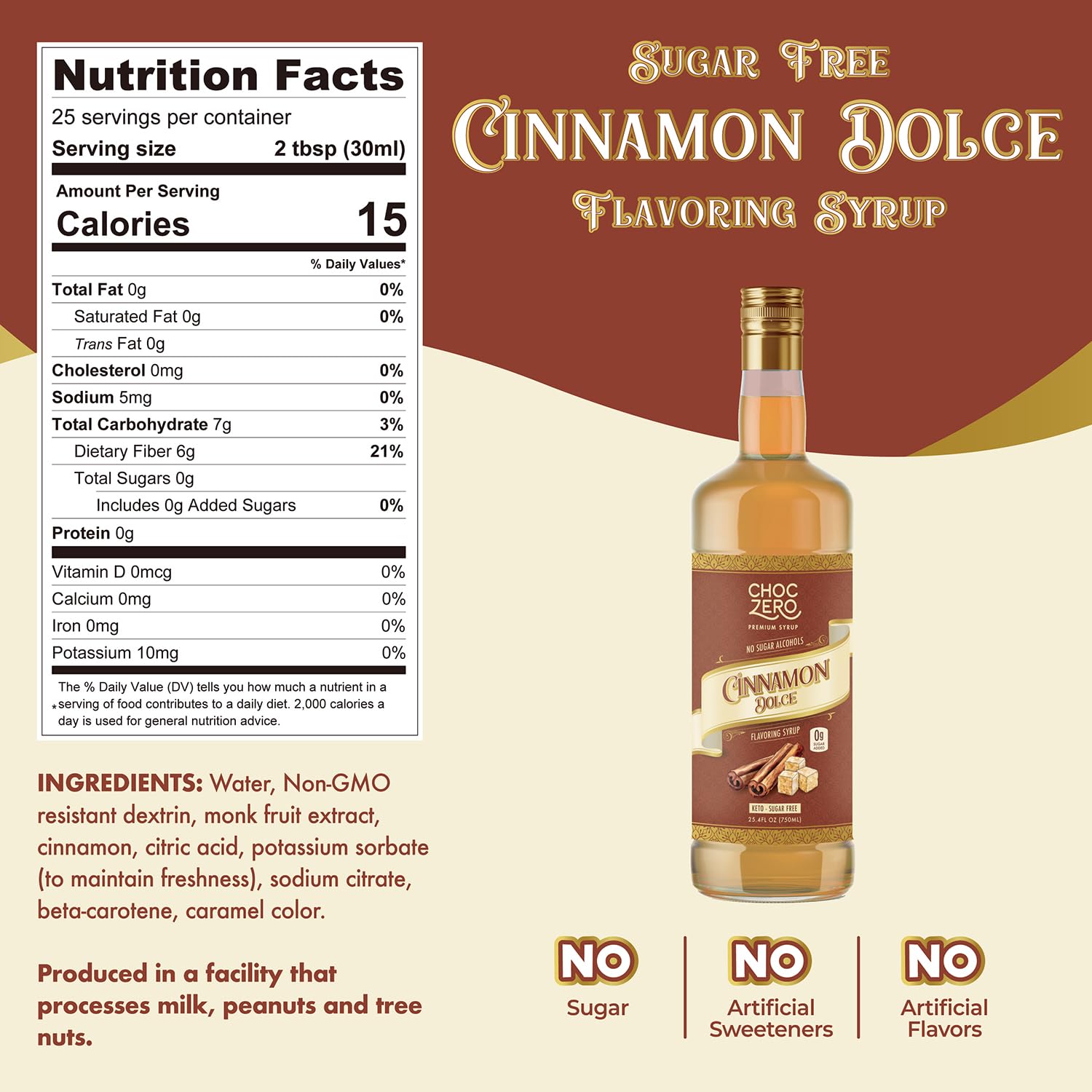 ChocZero Cinnamon Dolce syrup pour over latte for rich flavor, sugar-free