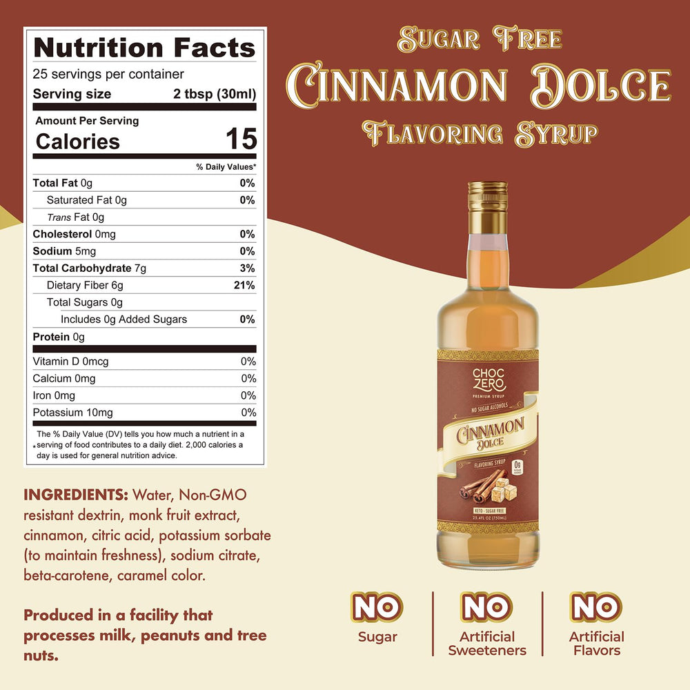 ChocZero Cinnamon Dolce syrup pour over latte for rich flavor, sugar-free