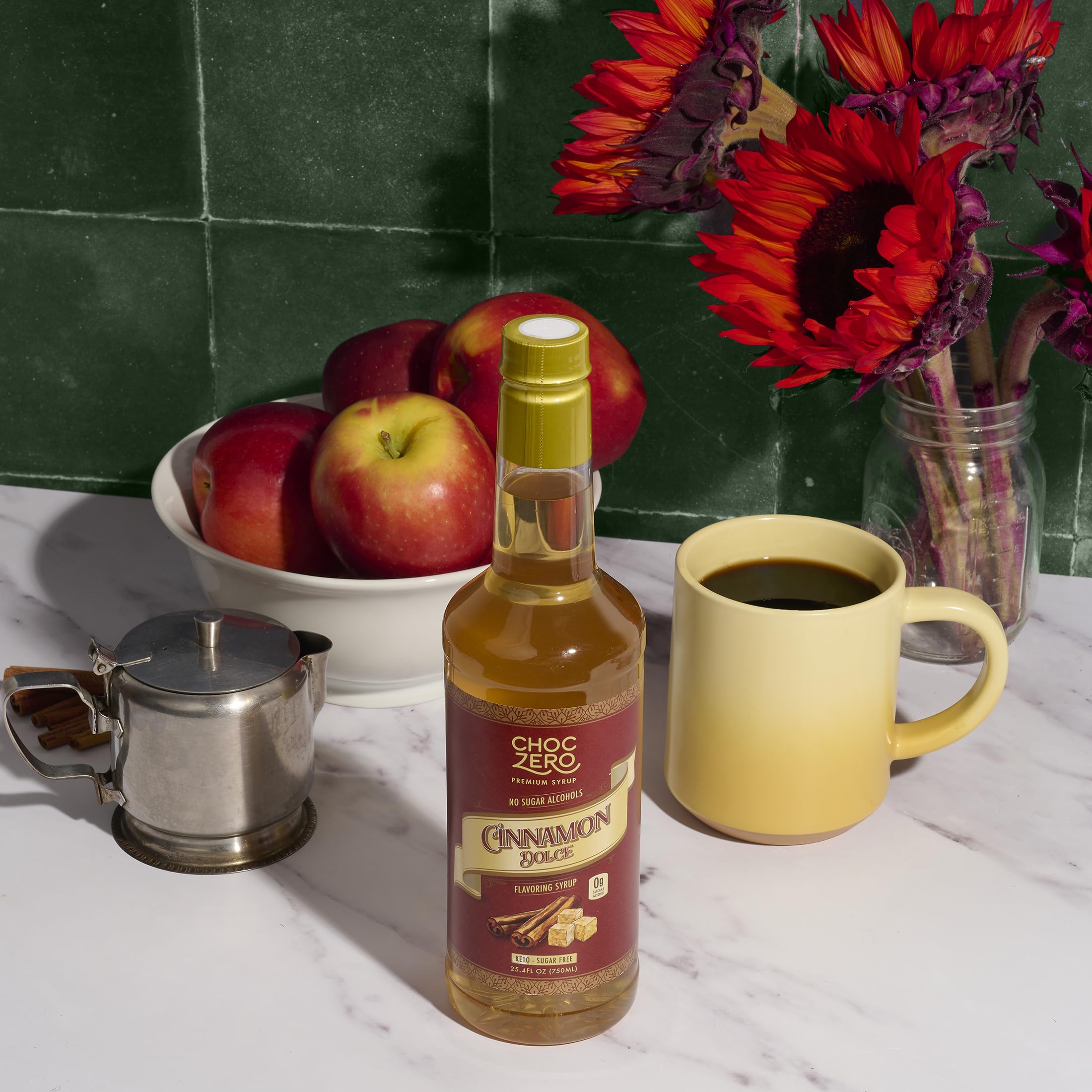 ChocZero Cinnamon Dolce bottle on kitchen counter showing convenient sugar-free sweetness