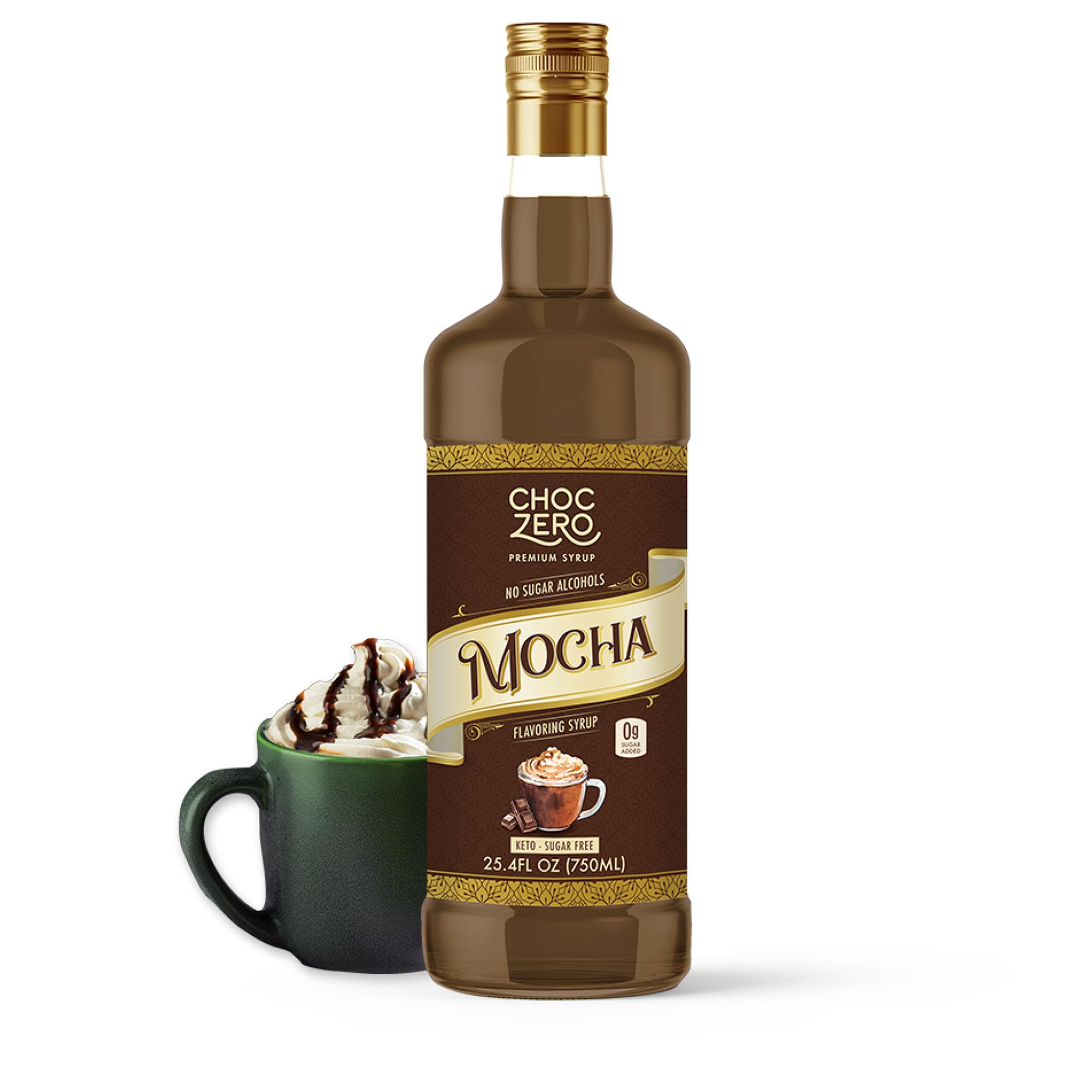 ChocZero sugar-free mocha syrup bottle shows keto-friendly flavor for coffee