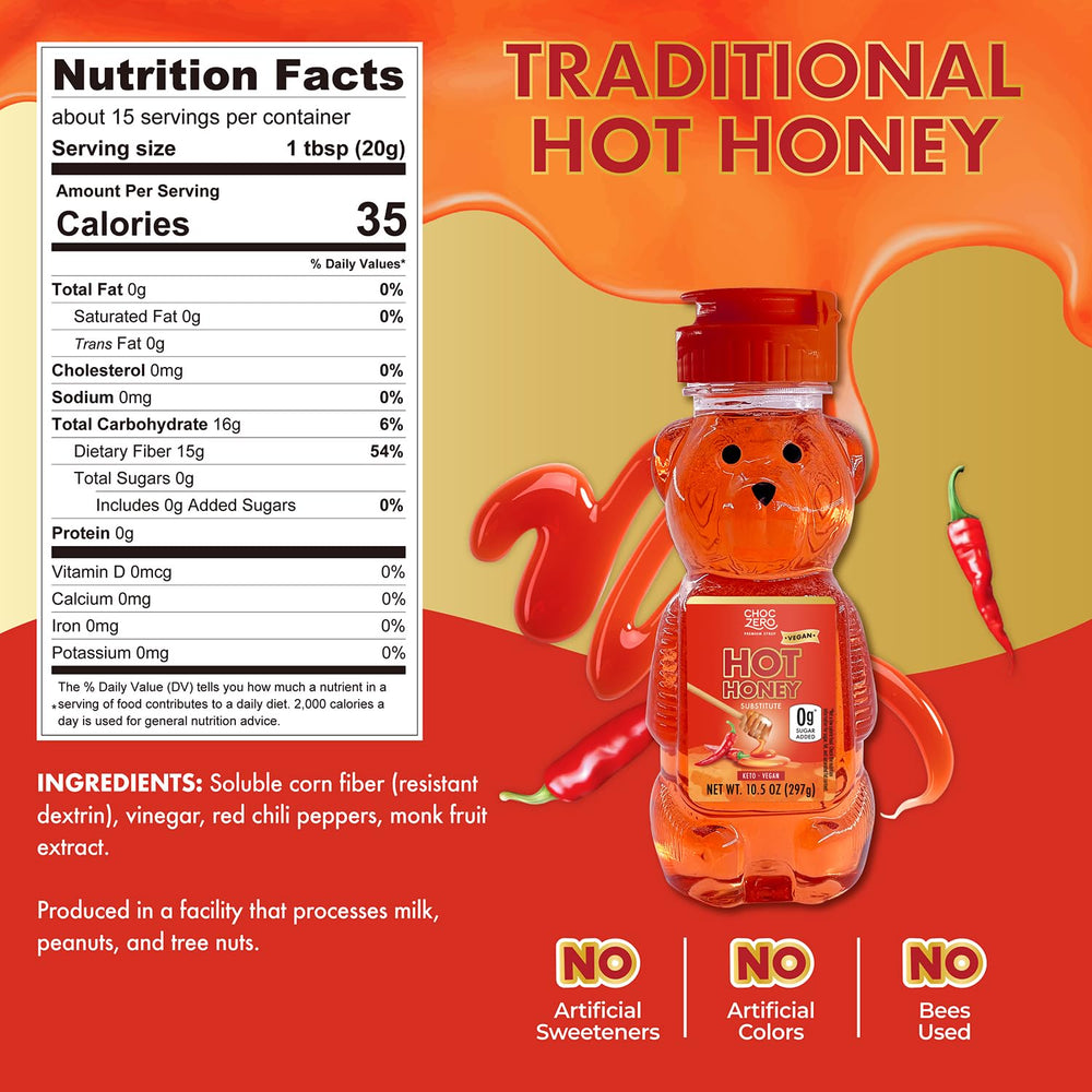 ChocZero vegan hot honey sauce pour; bee-free plant-based option.