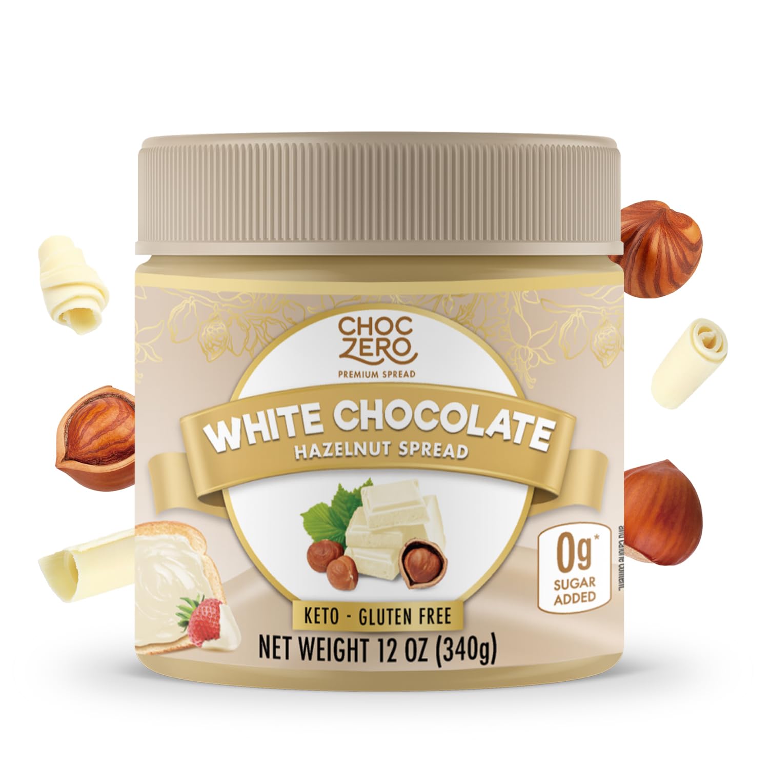 ChocZero white chocolate hazelnut spread jar with keto-friendly indulgence