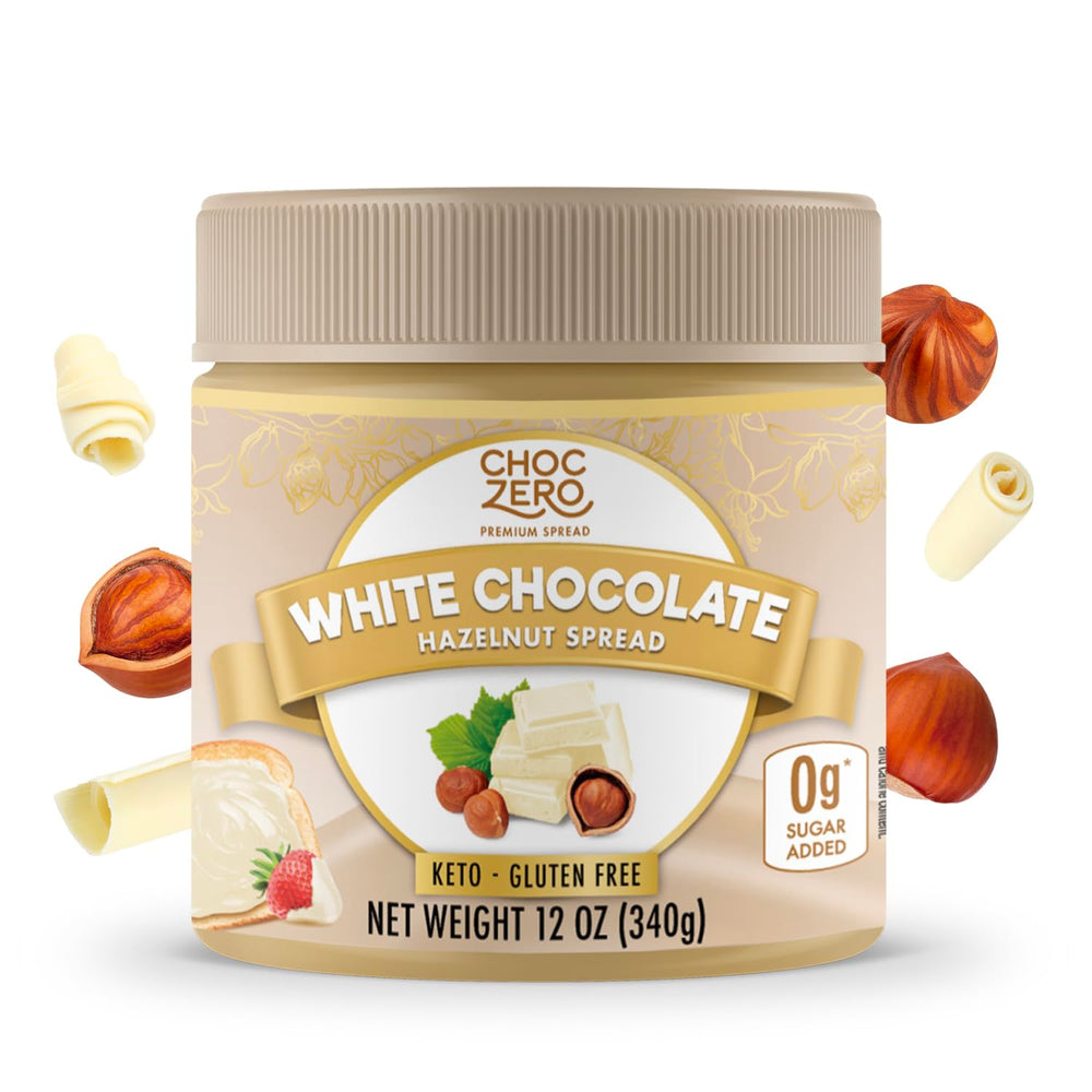 ChocZero white chocolate hazelnut spread jar with keto-friendly indulgence