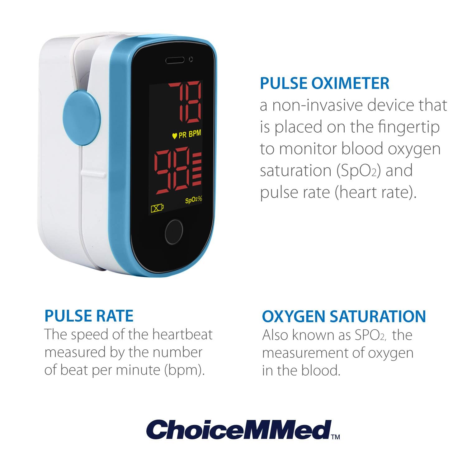 CHOICEMMED blue oximeter in protective pouch for safe travel