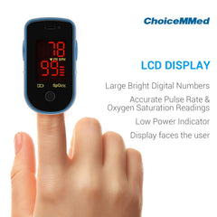 CHOICEMMED blue oximeter LED display shows SpO2 and PR clearly