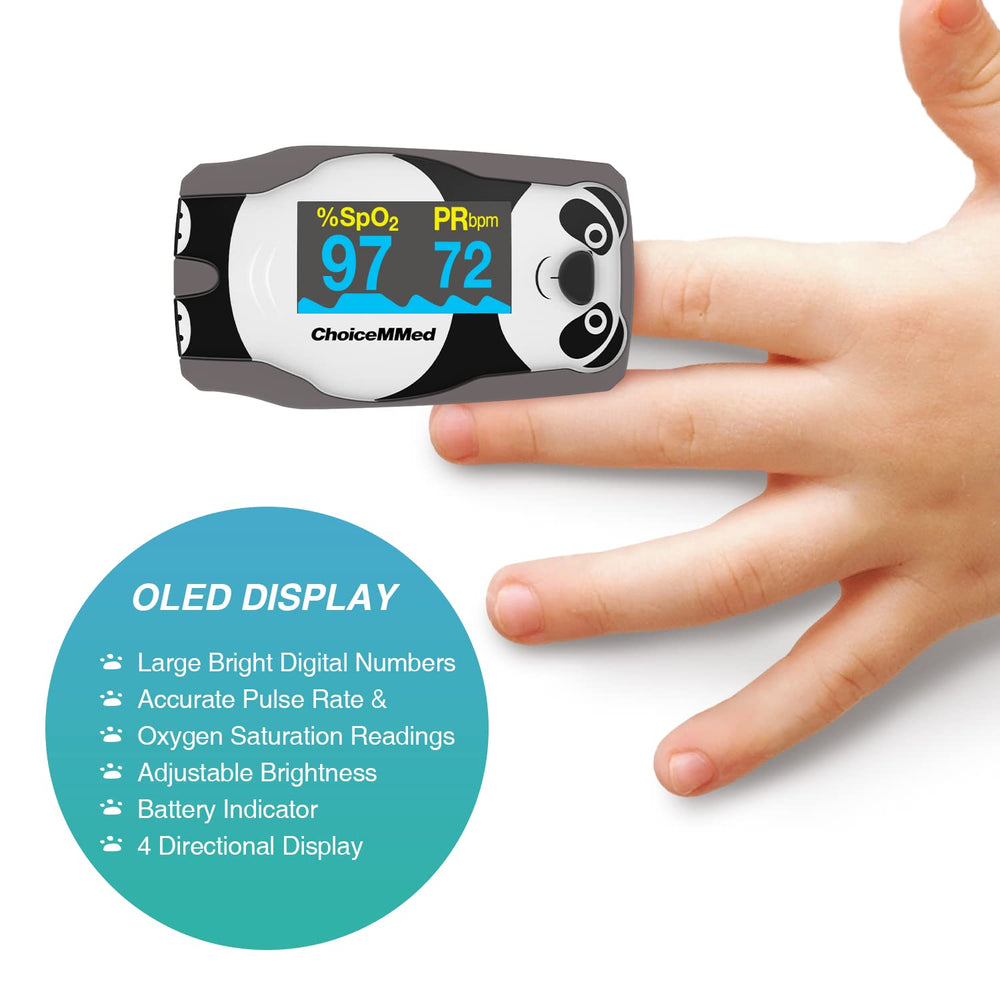 Battery indicator visible on CHOICEMMED Panda pediatric oximeter.