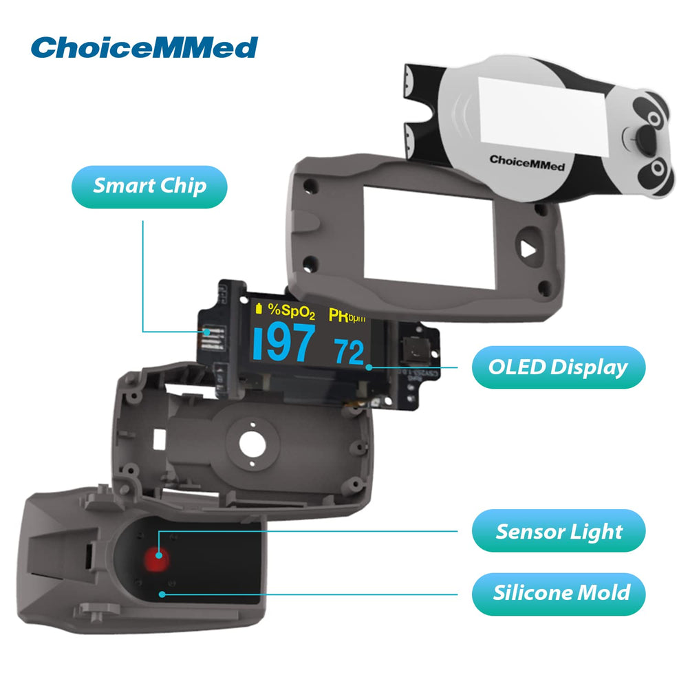 Child-held CHOICEMMED Panda oximeter for on-the-go monitoring.