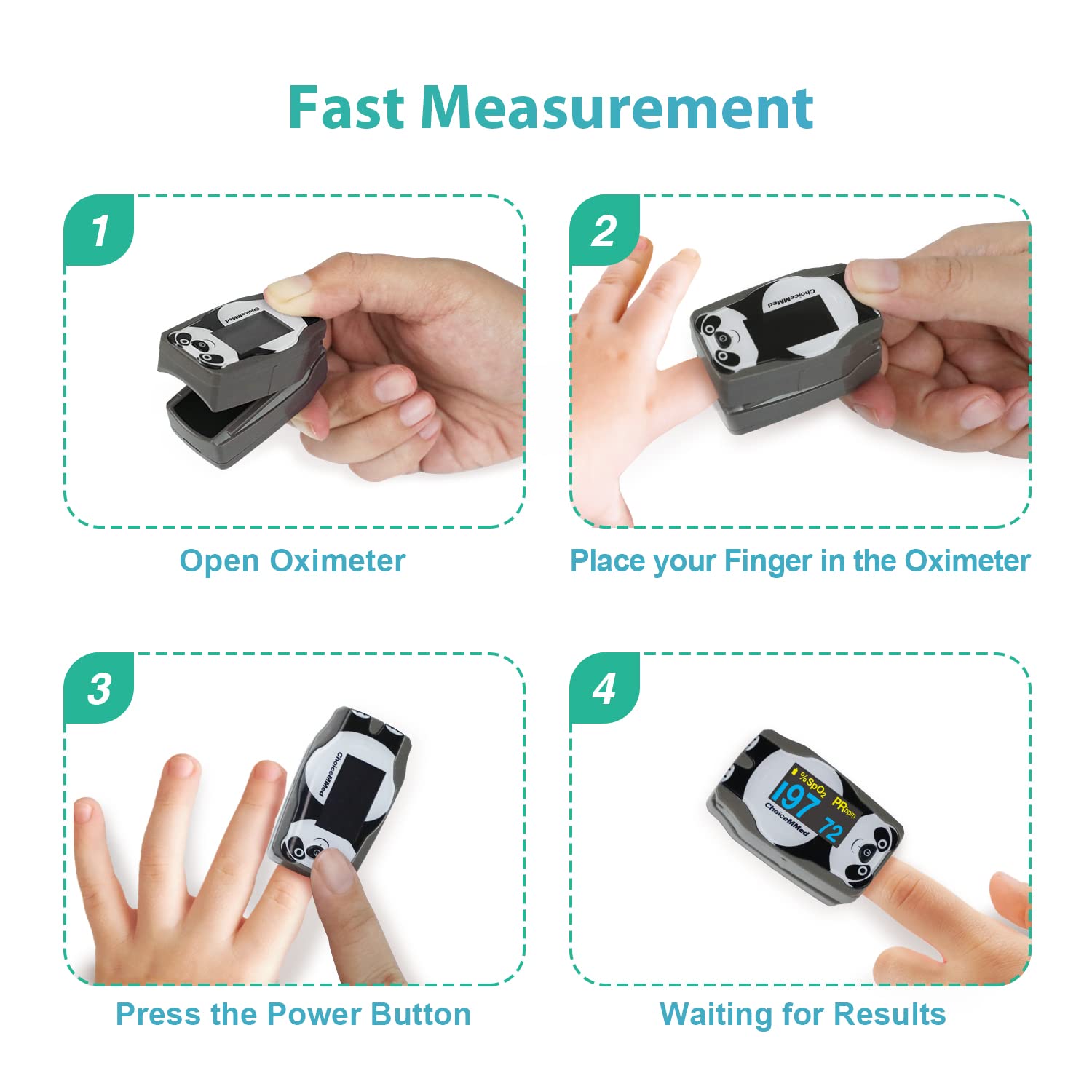 Quick setup with manual for CHOICEMMED Panda oximeter.