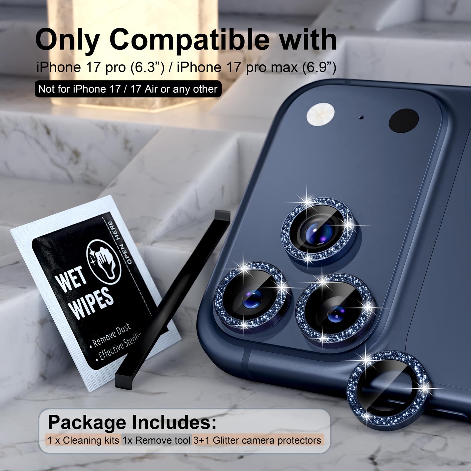 Choiche glitter-blue lens protector for iPhone 17 Pro keeps lenses clean while adding luxury sparkle