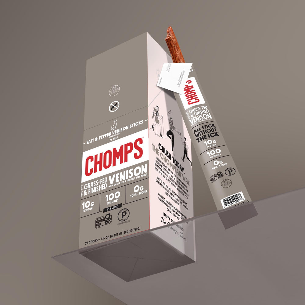 Chomps Gluten-free Venison Jerky Stick for paleo-friendly snacking.