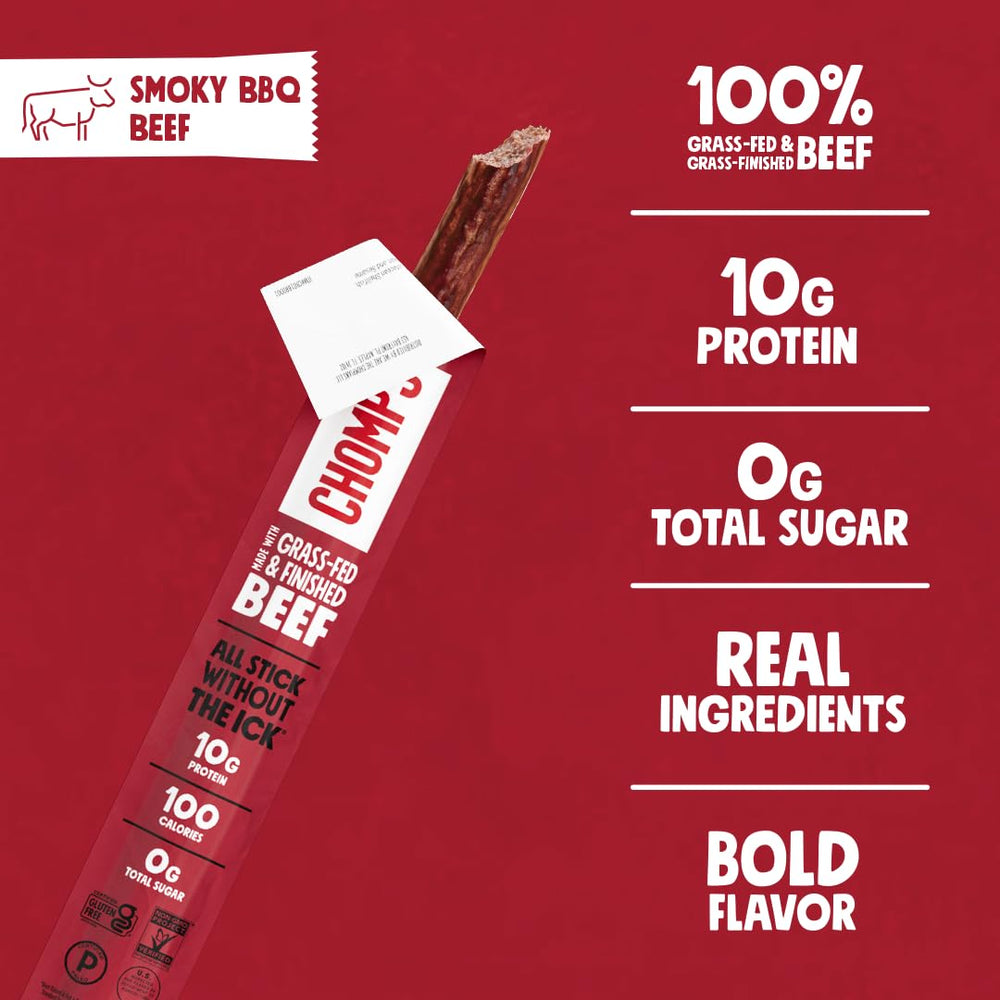 Chomps grass-fed finished beef jerky stick emphasizes high quality protein.