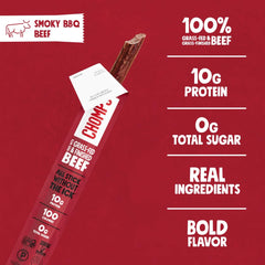 Chomps grass-fed finished beef jerky stick emphasizes high quality protein.
