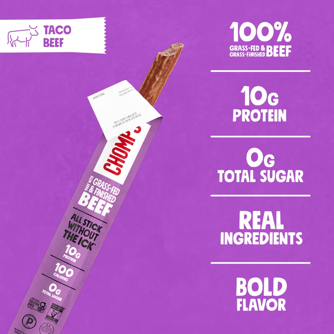 Chomps grass-fed taco beef jerky stick angle reveals size and form