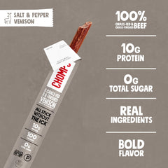 Chomps Grass-fed Venison Jerky label highlights quality ingredients.