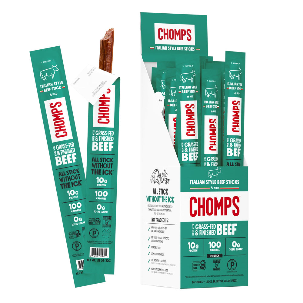 Chomps Italian Style Jerky Stick pack shot for convenient on-the-go snacking.