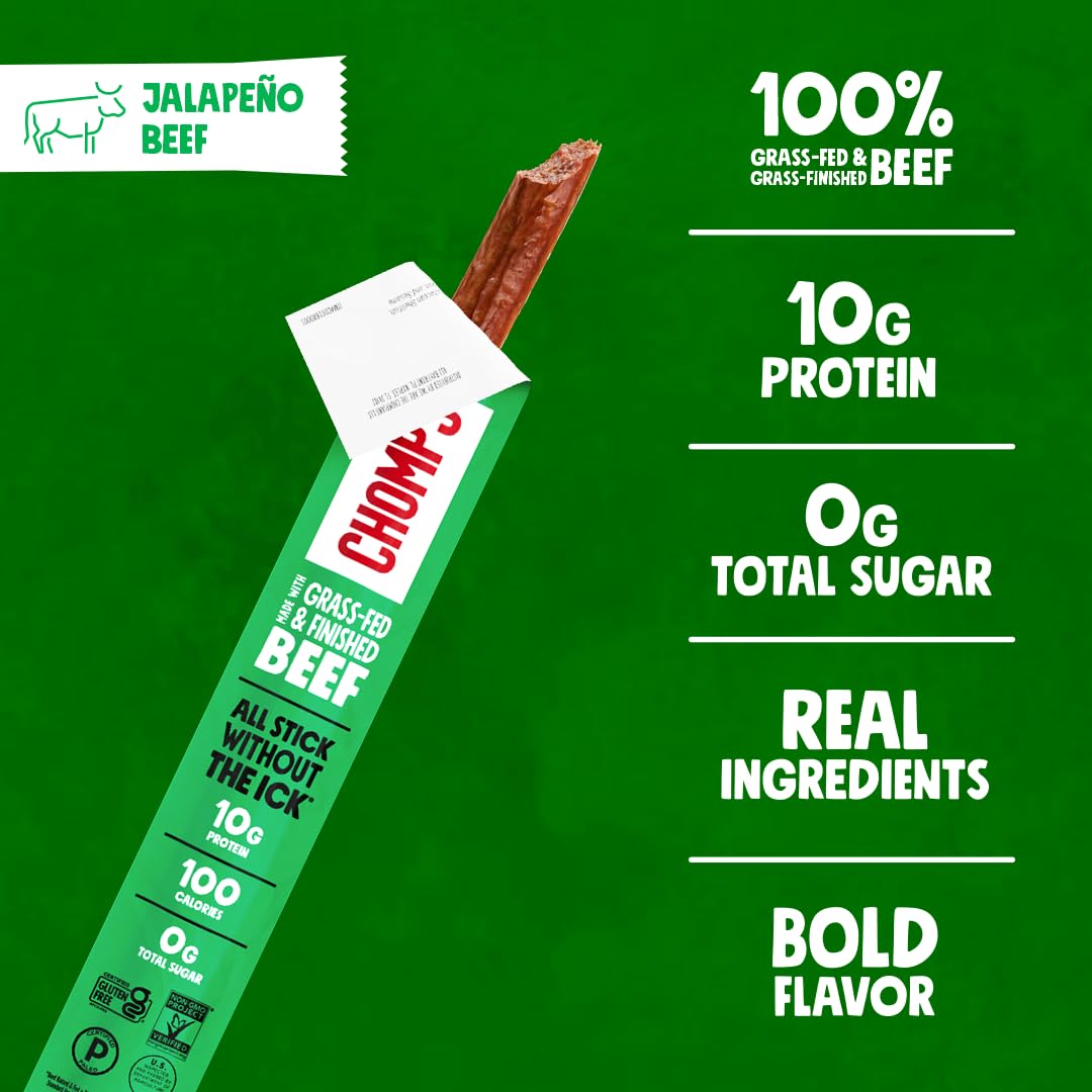 Chomps jalapeño beef jerky stick shown as a quick energy snack.