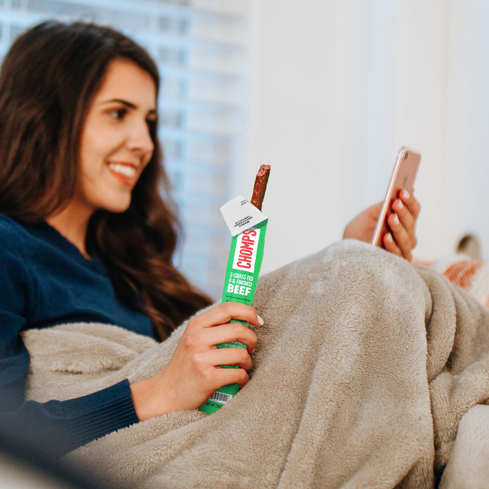 Chomps grass-fed jerky stick with peppers, perfect Whole30-friendly snack.