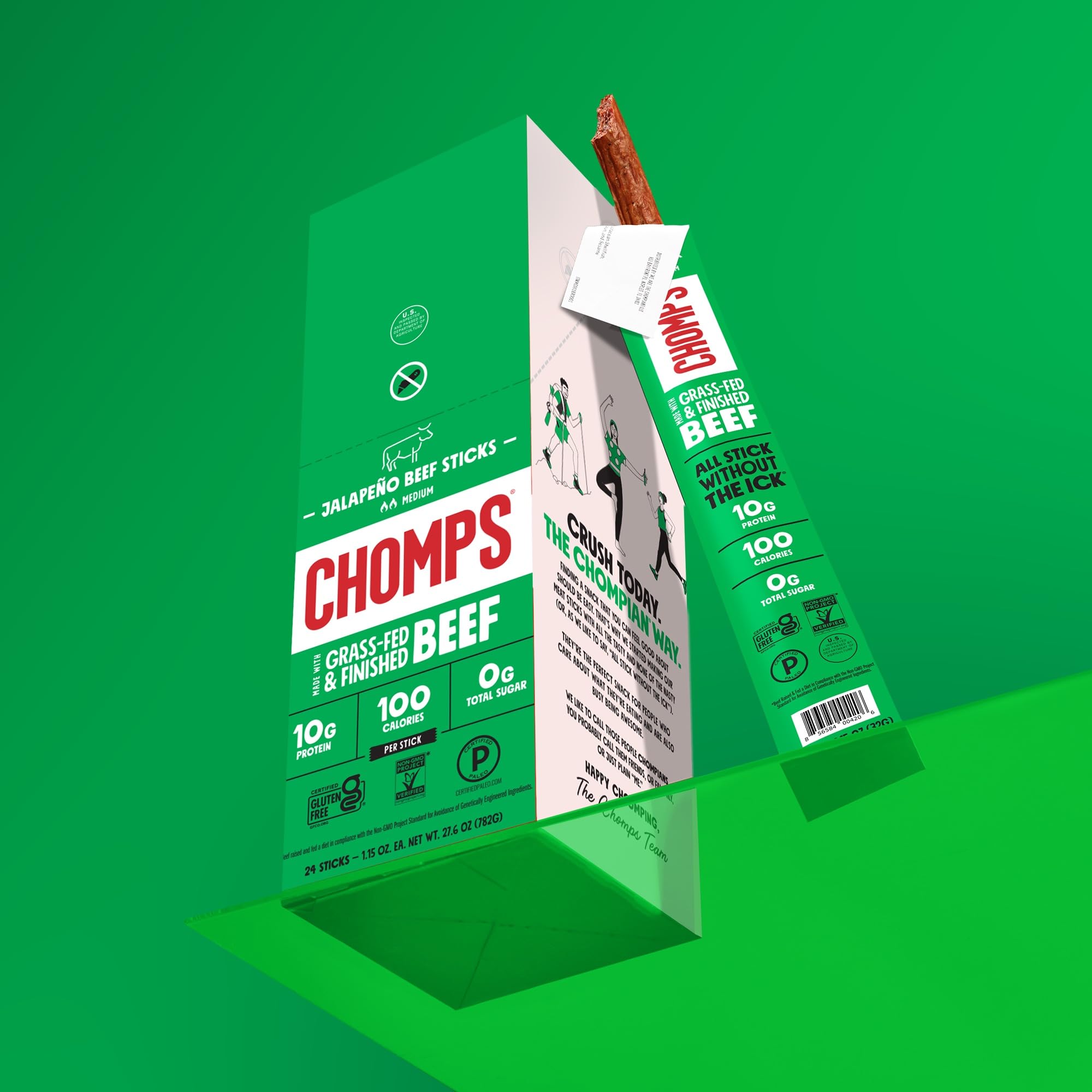 Chomps beef jerky sticks arranged for a protein-packed office snack.