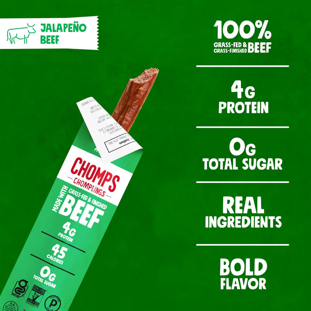 Chomps jalapeno jerky closeup reveals real jalapeño pieces.