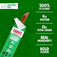 Chomps jalapeno jerky closeup reveals real jalapeño pieces.