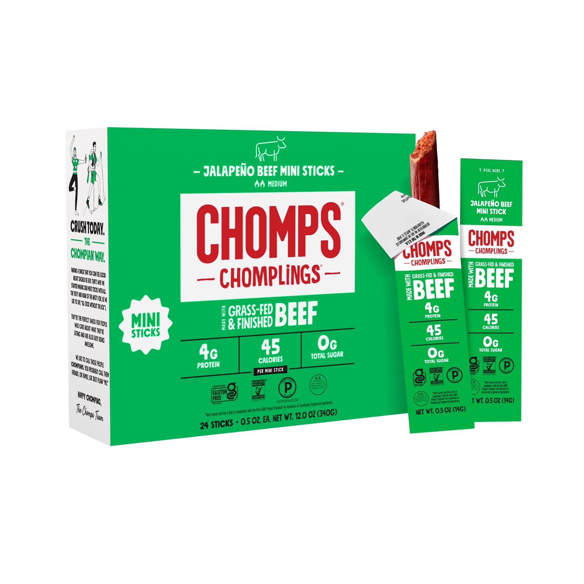 Chomps jalapeno jerky packaging shows premium ingredients and zero sugar.