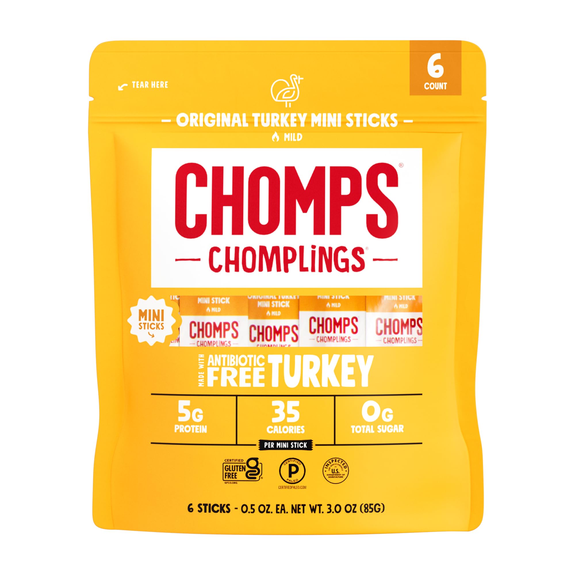 Chomps Mini Free Range Turkey Jerky Sticks Original, on-the-go protein snack.