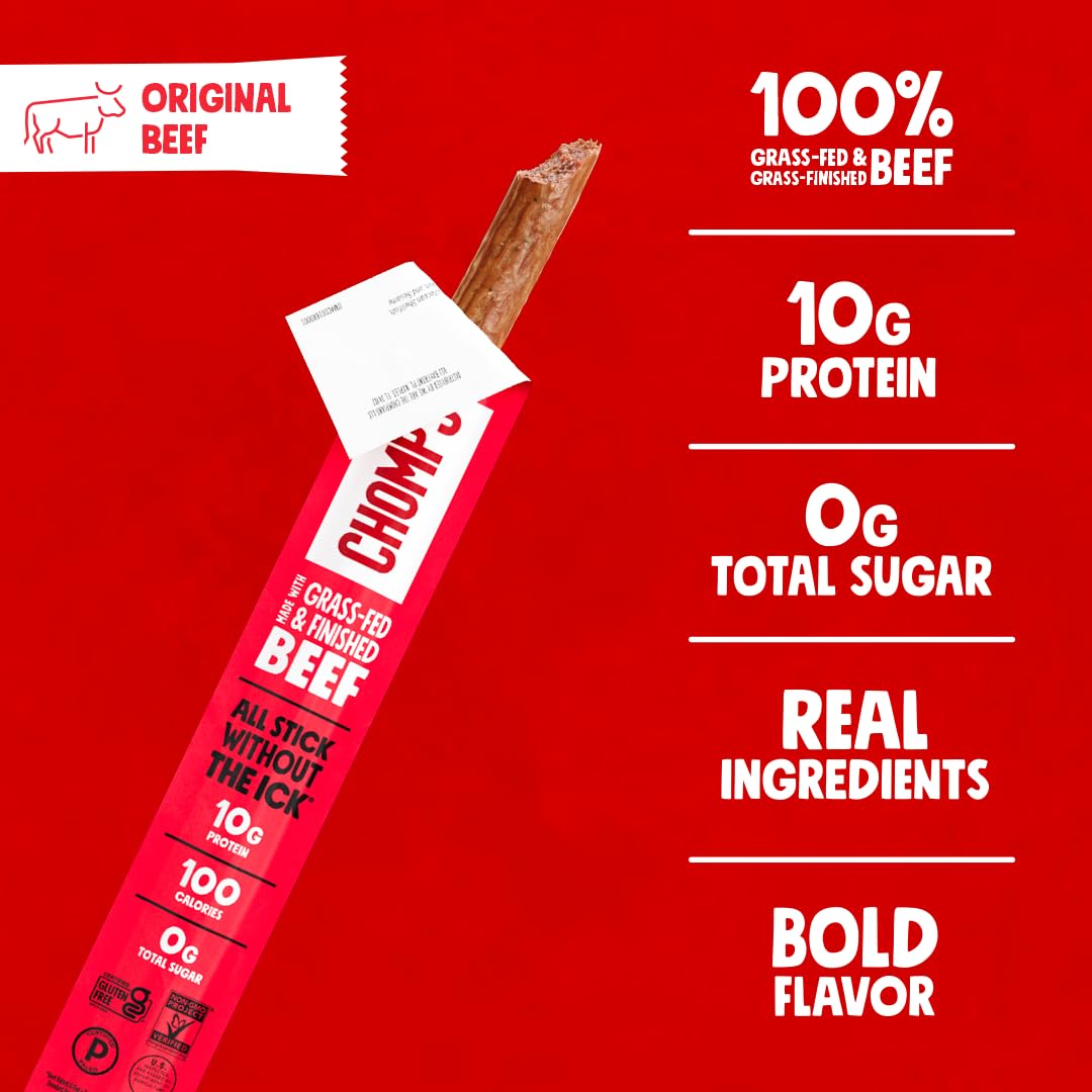 Chomps Original beef jerky stick in lunchbox offers a high-protein, zero-sugar snack.