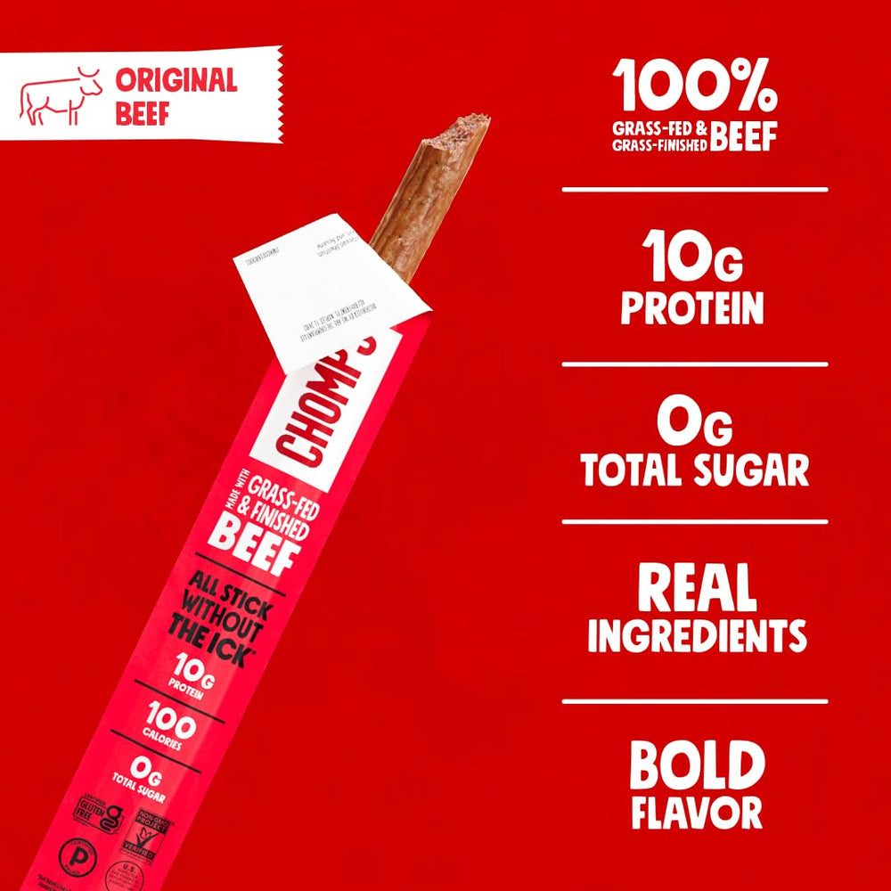 Chomps Original beef jerky stick in lunchbox offers a high-protein, zero-sugar snack.