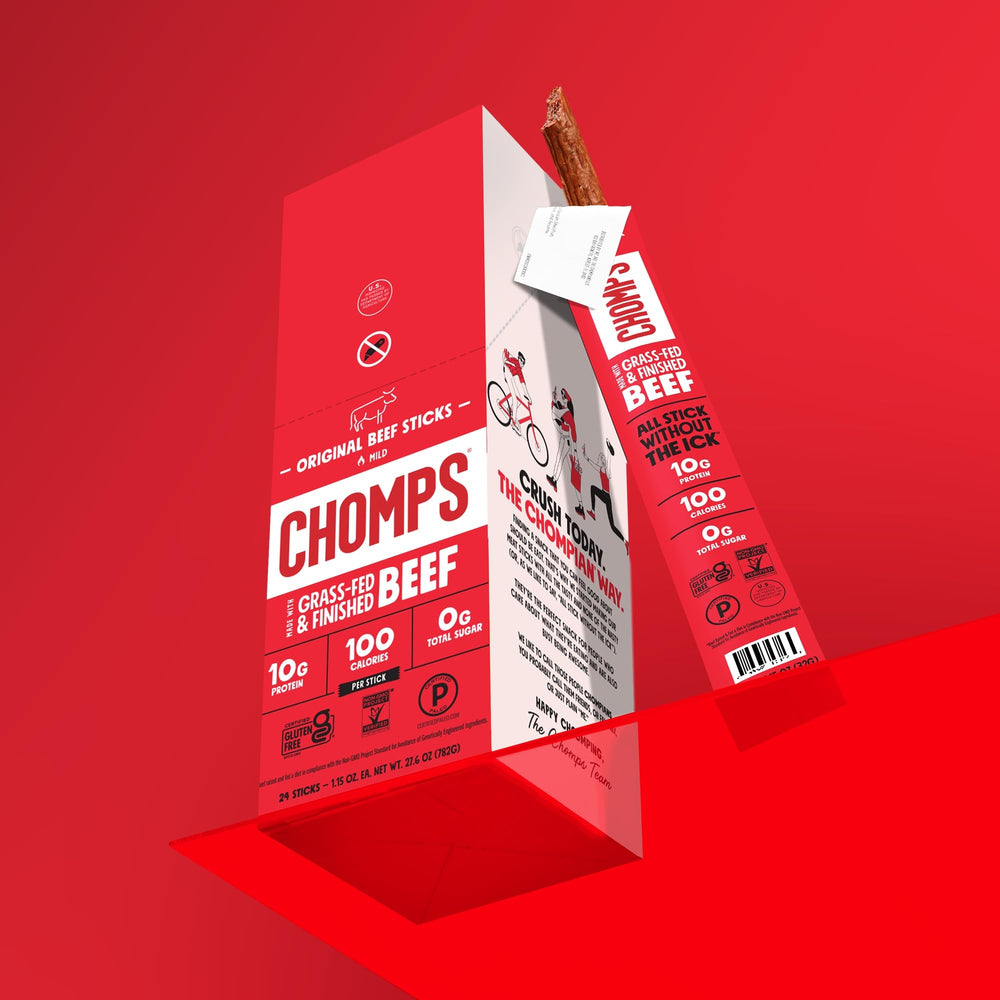 Chomps Original jerky stick wrapper open suggests quick, mess-free snacking.